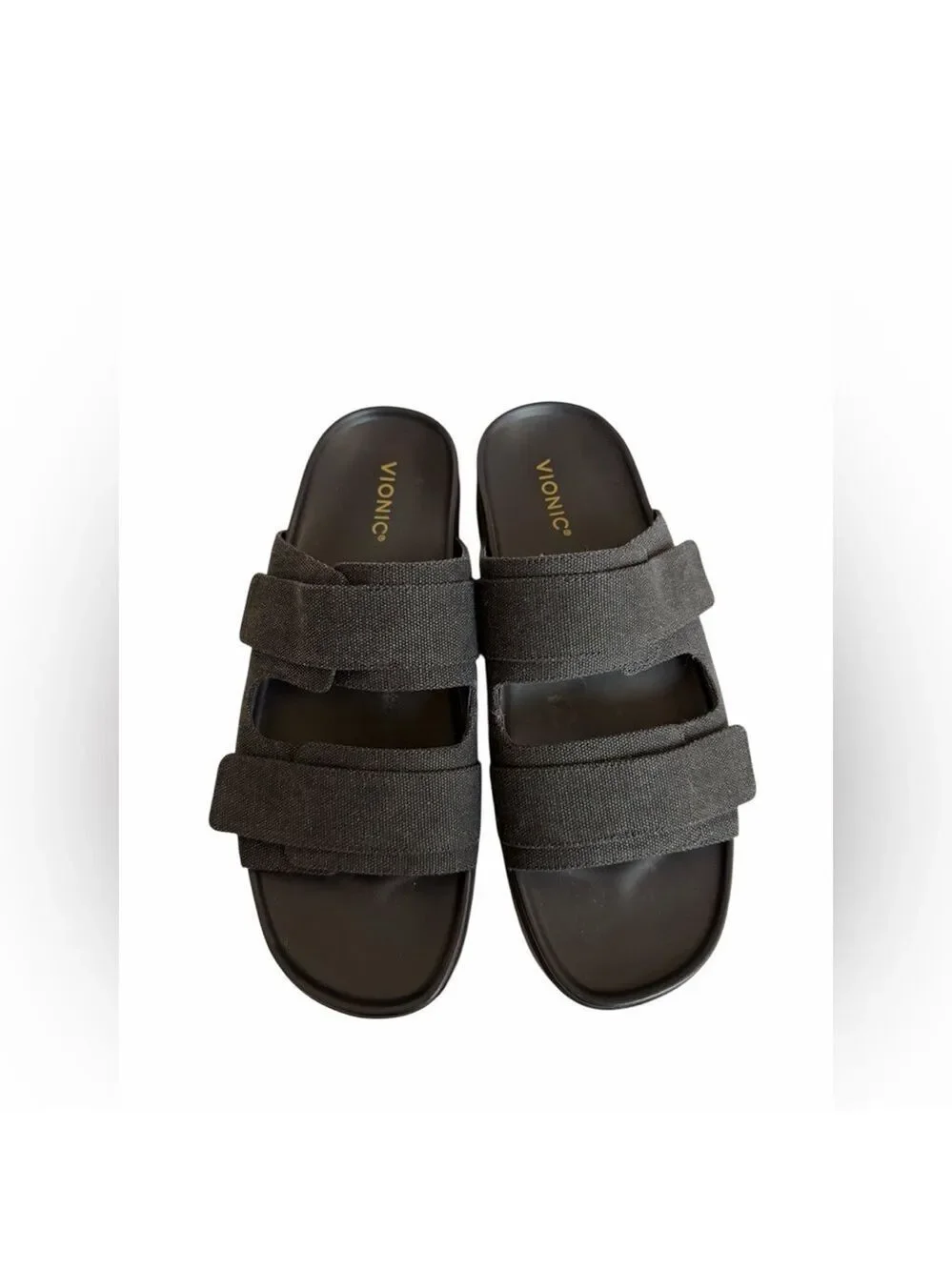 Vionic Riviera Women’s Black Canvas Adjustable Strap Slide Sandals EUC Size 12